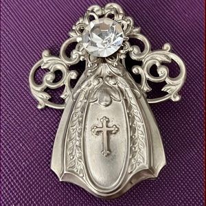 Vtg ANGEL PIN Cross with Crystal Signed JANE 1997 AOL Silver Tone Brooch